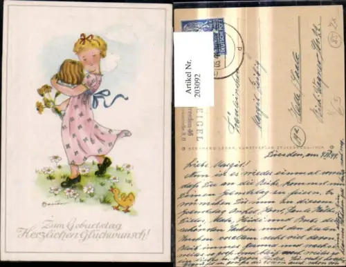 203092,Künstler Ak H. Baier Geburtstag Mädchen m. Gugelhupf Kuchen Blumen a. Wiese m. Ente