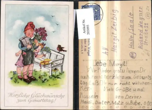 203093,Künstler Ak H. Baier Geburtstag Kinder m. Geschenken Blumen b. Bank Vogel Hut