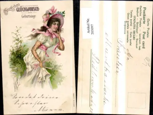 203097,Geburtstag Präge Litho Frau m. Blumenhut Hut