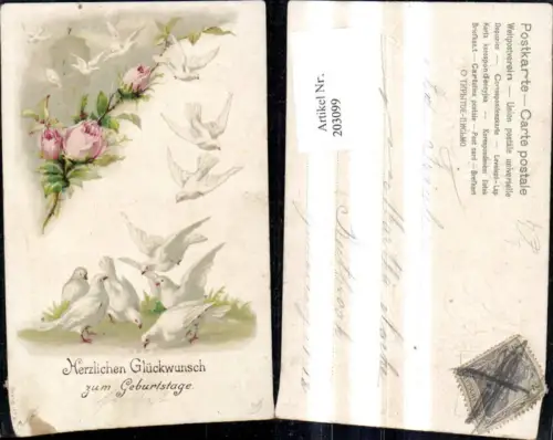 203099,Geburtstag Präge Litho Tauben Rosen Zweig