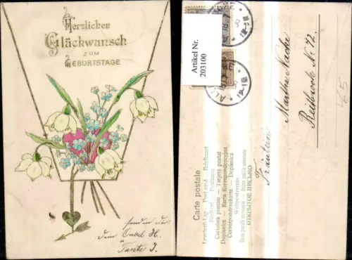203100,Geburtstag Präge Litho Herz Blumen Schneeglöckchen Pfeil Goldverzierung