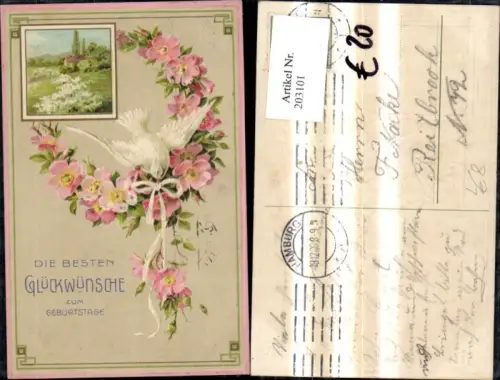 203101,Geburtstag Präge Litho Landschaft i. Rahmen Blumenranke Taube Schleife