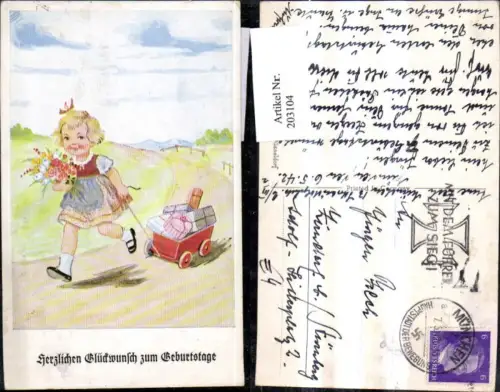 203104,Geburtstag Mädchen m. Blumen Strauß Leiterwagen m. Geschenke Pakete