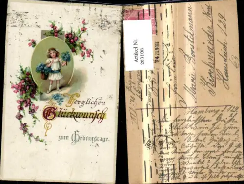 203108,Geburtstag Mädchen m. Blumen i. Rahmen Blumen
