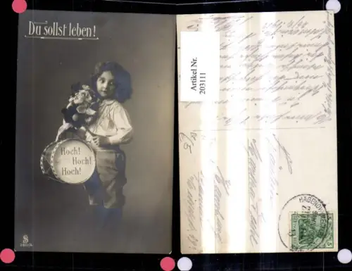 203111,Geburtstag Mädchen Kind m. Trommel Blumen Du sollst leben Bahnpost Zug 88 Hagennov Mecklburg