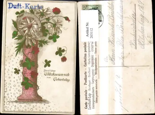 203112,Geburtstag Präge Litho Duft Karte Säule Kleeblätter Hufeisen Goldverzierung