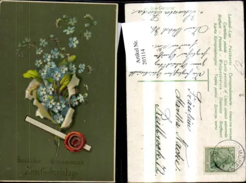 203114,Geburtstag Präge Ak Blumen Veilchen Wachssiegel Siegel Goldverzierung