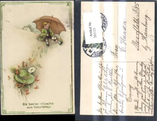 203121,Geburtstag Junge m. Regenschirm Hut Brief Kuvert Korb Goldverzierung