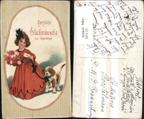 203123,Geburtstag Präge Litho Mädchen m. Rosen Kuvert Brief m. Hund Welpen a. Leine Schleife Passepartout