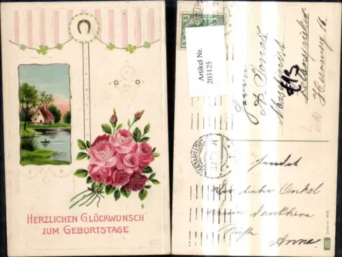 203125,Geburtstag Präge Litho Landschaft Haus See Ruderboot i. Rahmen m. Rosen Hufeisen Kleeblätter
