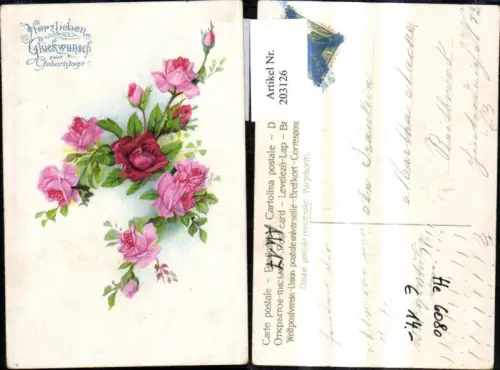 203126,Geburtstag Präge Litho Rosen Blumen