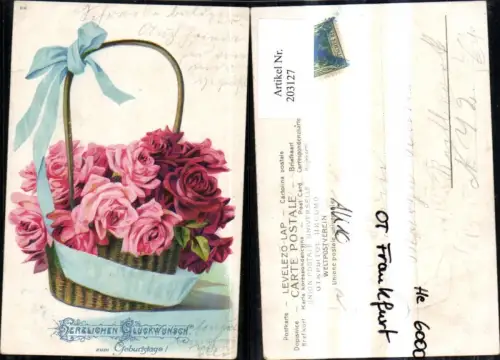 203127,Geburtstag Präge Litho Rosen i. Korb m. Schleife