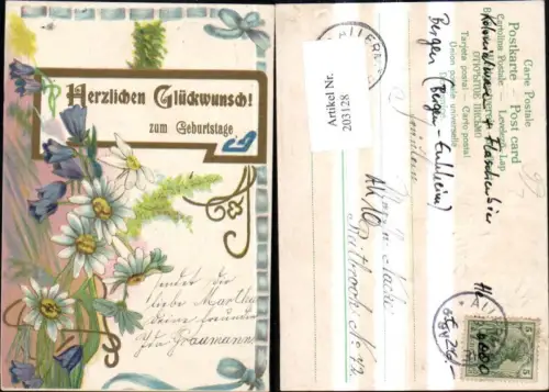 203128,Geburtstag Präge Litho Blumen Schleife Goldverzierung