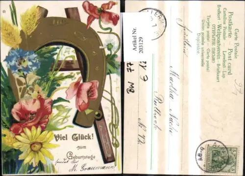 203129,Geburtstag Präge Litho Hufeisen Blumen Leiter Goldverzierung