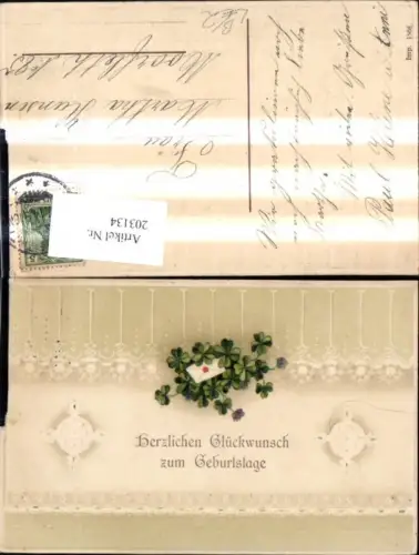 203134,Geburtstag Präge Litho Kuvert Brief Klee Kleeblätter