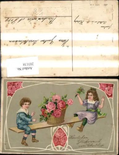 203138,Geburtstag Präge Ak Kinder a. Wippe Korb m. Rosen Matrosenanzug Blumen pub HWB 8109