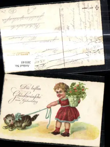 203145,Geburtstag Mädchen m. Klee Topf Katze a. Leine Schleife