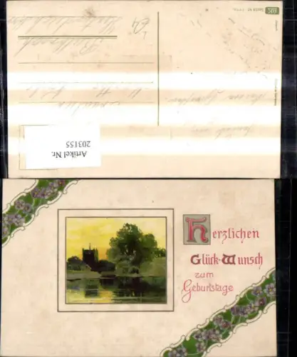 203155,Geburtstag Präge Litho Landschaft i. Rahmen Blumen Ranke