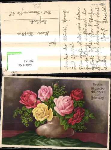 203157,Geburtstag Vase m. Rosen Blumen pub Erika 3258