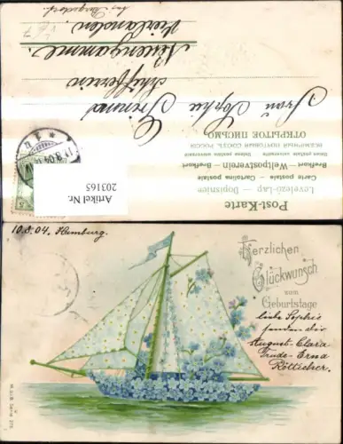 203165,Geburtstag Präge Litho Segelschiff a. Blüten Vergissmeinnicht pub MSIB 275