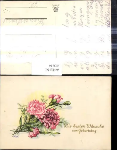 203214,Künstler Ak Blumen Nelken Geburtstag Goldschrift