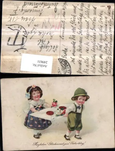 249631,Geburtstag Junge u. Mädchen m. Einem großen Briefkuvert Brief Rosen Hut
