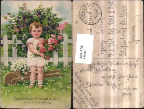 249663,Geburtstag Kind m. Rosenstrauß Rosen Gartenzaun Schubkarre pub Erika 3222