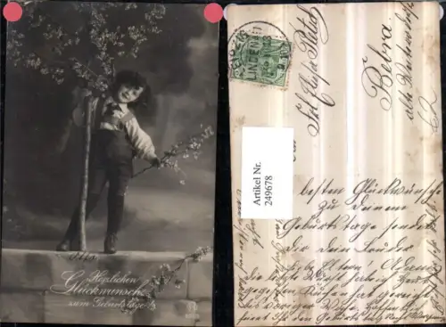 249678,Geburtstag Junge m. Hosenträger Baum Blütenzweig