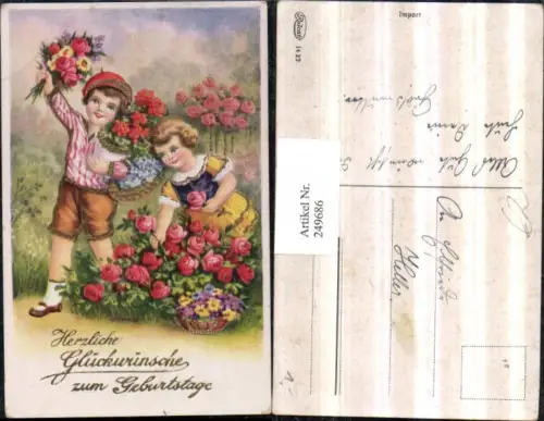 249686,Geburtstag Goldverzierung Junge u. Mädchen m. Rosen pflücken Blumenstrauß Blumen