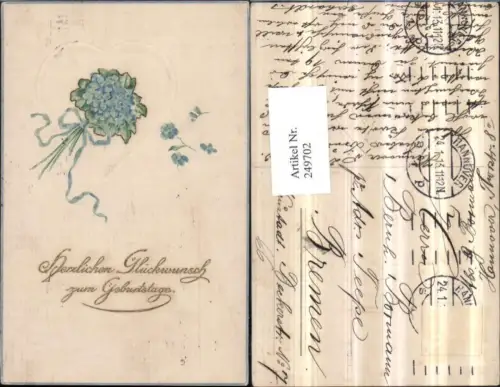 249702,Präge AK Geburtstag Herz Blumenstrauß Vergissmeinnicht Schleife