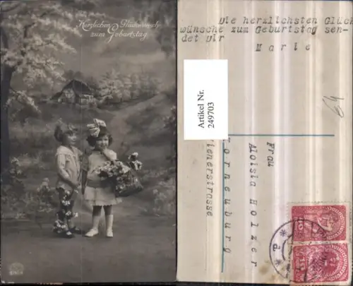 249703,Geburtstag Mädchen u. Junge Korb Blumen Landschaft