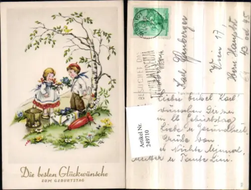 249710,Künstler AK Geburtstag Junge u. Mädchen Blumenstrauß Geschenk Schirm Birke