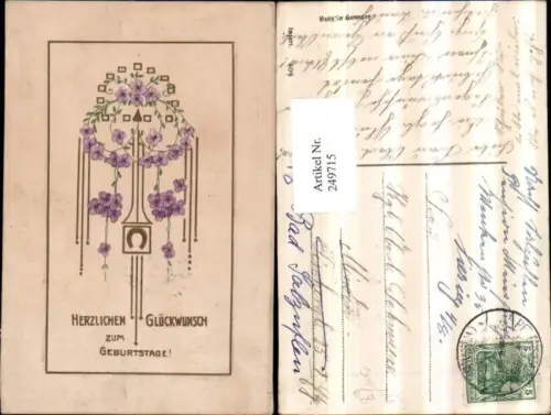 249715,Präge AK Goldverzierung Geburtstag Jugendstil Veilchen Blumen Hufeisen