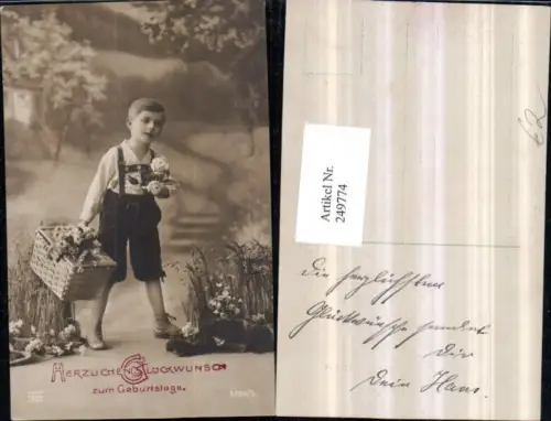 249774,Geburtstag Junge in Tracht Hosenträger Korb Blumen Rosen