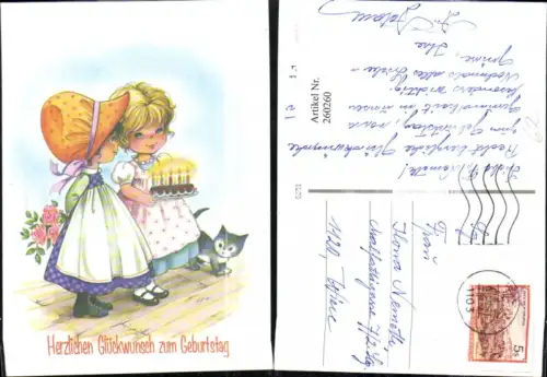 260260,Künstler AK Geburtstag Kinder Mädchen Haube Kleider Kuchen Torte Kerzen Katze Rosenstrauß