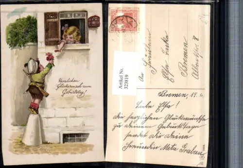 323819,Künstler AK Geburtstag Mädchen Fenster Junge Uniform Gewehr Rosen Vogelkäfig