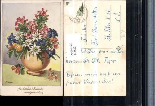 323822,Künstler AK F. Milan Geburtstag Blumenstrauß Blumen Edelweiß Enzian