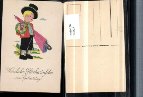 323823,Künstler AK Geburtstag Junge m. Hut Schirm Blumenstrauß pub F. E. Brandt Gmunden