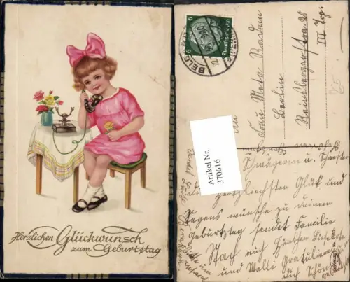 370616,Künstler AK Geburtstag Mädchen m. Schleife Telefon Rosen