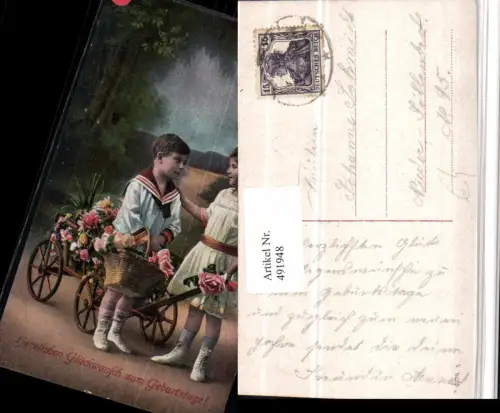 491948,Geburtstag Kinder Leiterwagen Korb Blumen Rosen