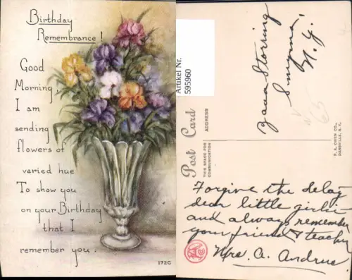 595960,Geburtstag Vase m. Blumen Birthday Remembrance Text pub F. A. Owen Co Dansville N.Y.