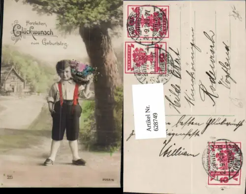 628749,Geburtstag Bub Junge Korb Blumen Dorfstraße Baum