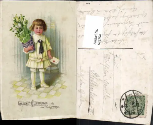 628754,Litho Geburtstag Bub Junge Matrosenanzug Brief Kuvert Blumen i. Topf