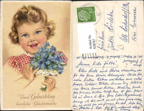 628767,Künstler Ak Geburtstag Mädchen Lockenkopf Strauß Vergissmeinnicht