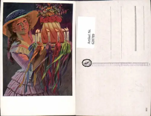 628789,Künstler Ak Frau m. Hut m. Kuchen Kerzen Geburtstag