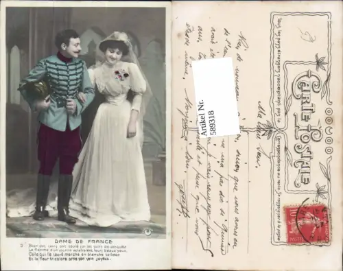 589318,Foto-AK Hochzeit Paar Bräutigam Braut Brautkleid Dame de France Soldat Stiefel