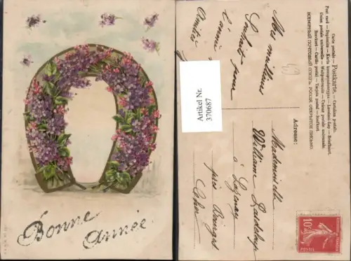 370687,Glitzer AK Neujahr Bonne Annee Hufeisen Blumen Veilchen