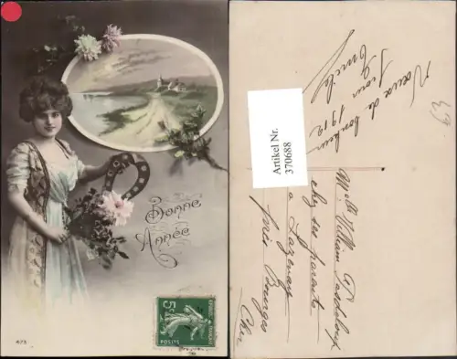 370688,Neujahr Bonne Annee Landschaft Passepartout Frau m. Hufeisen Blumen