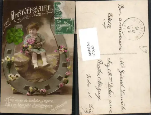 370689,Glückwunsch Anniversaire Hufeisen Kind m. Blumen Klee