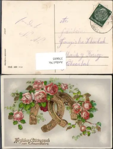 370695,Präge Künstler AK Goldverzierung Neujahr Hufeisen Rosen pub HWB 3132